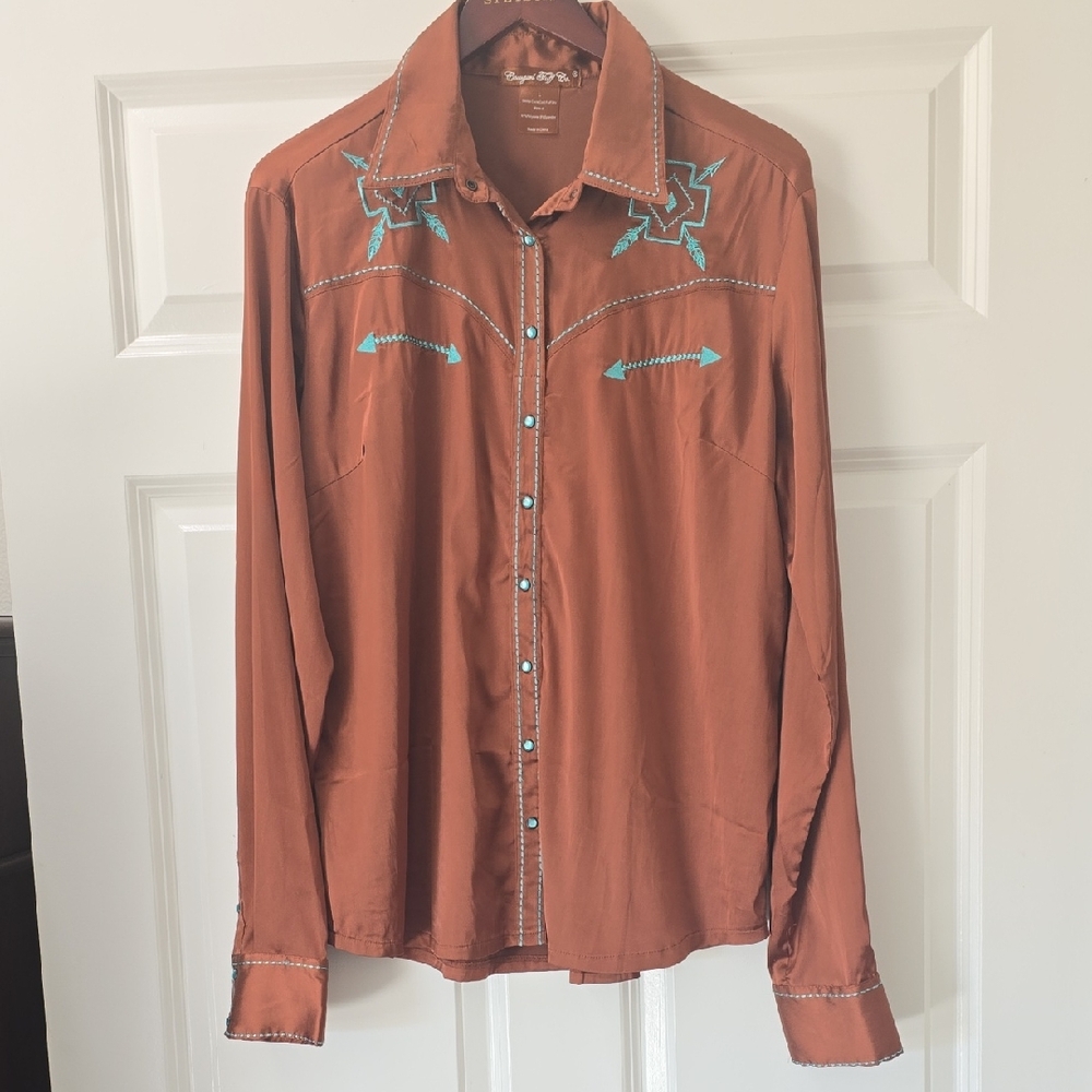 Cowgirl Tuff Copper Shirt with Turquoise Accents